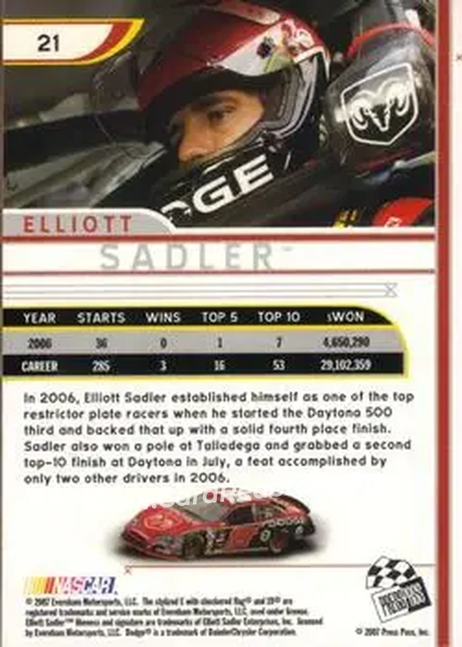 2007 Press Pass Eclipse #21 - Elliott Sadler - Evernham Motorsports - Back 2007 Press Pass Eclipse #21 - Elliott Sadler - Evernham Motorsports - Back