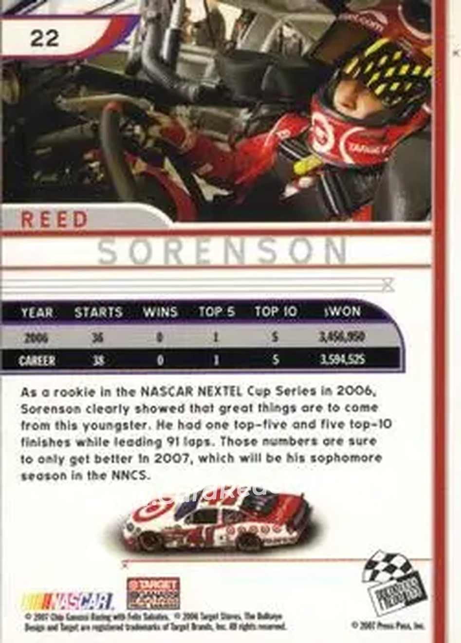 2007 Press Pass Eclipse #22 - Reed Sorenson - Chip Ganassi Racing with Felix Sabates - Back