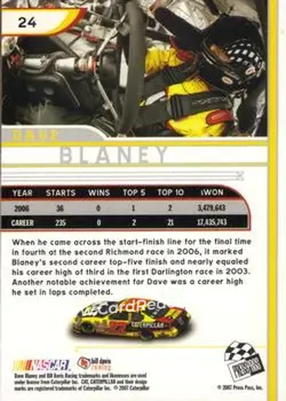 2007 Press Pass Eclipse #24 - Dave Blaney - Bill Davis Racing - Back