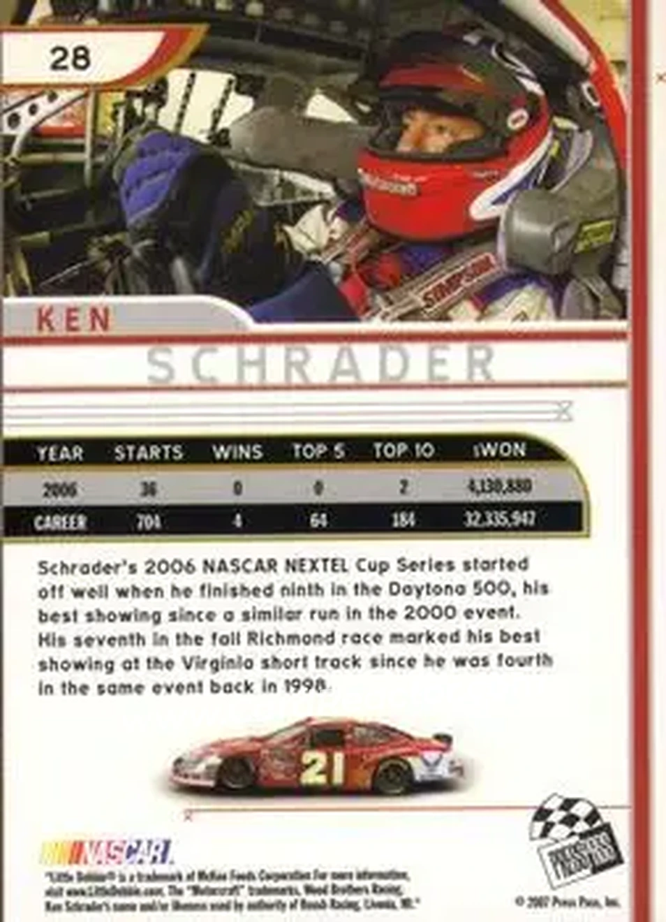 2007 Press Pass Eclipse #28 - Ken Schrader - Wood Brothers Racing - Back