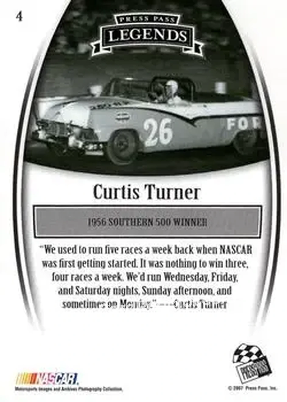 2007 Press Pass Legends #4 - Curtis Turner - Holman-Moody - Back