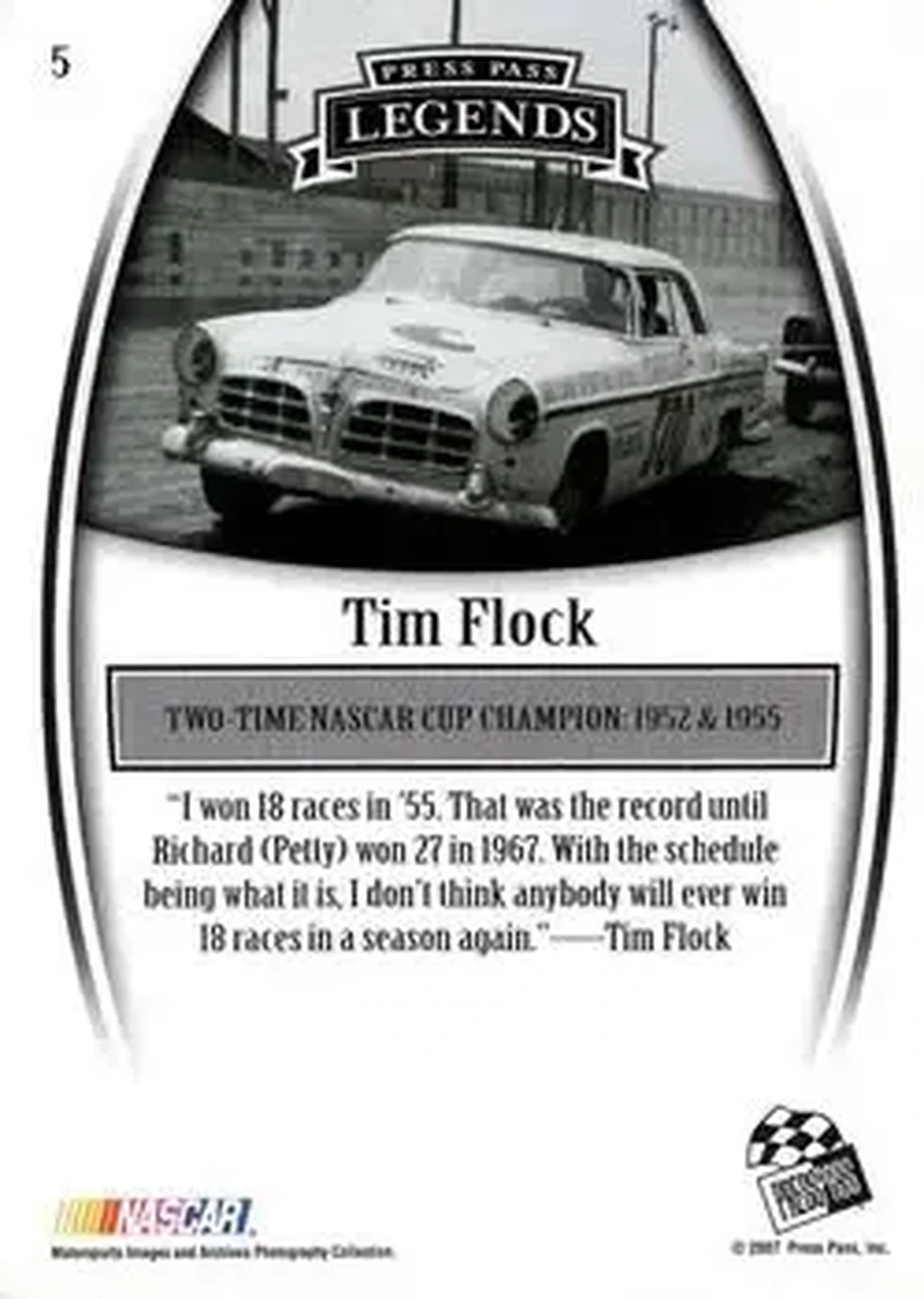2007 Press Pass Legends #5 - Tim Flock - Carl Kiekhaefer - Back