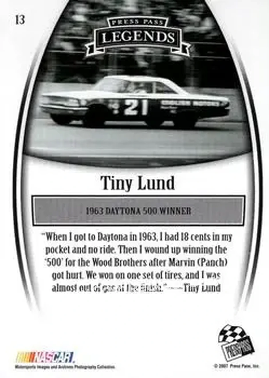 2007 Press Pass Legends #13 - Tiny Lund - Wood Brothers Racing - Back
