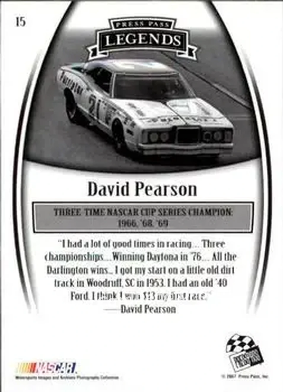 2007 Press Pass Legends #15 - David Pearson - Wood Brothers Racing - Back