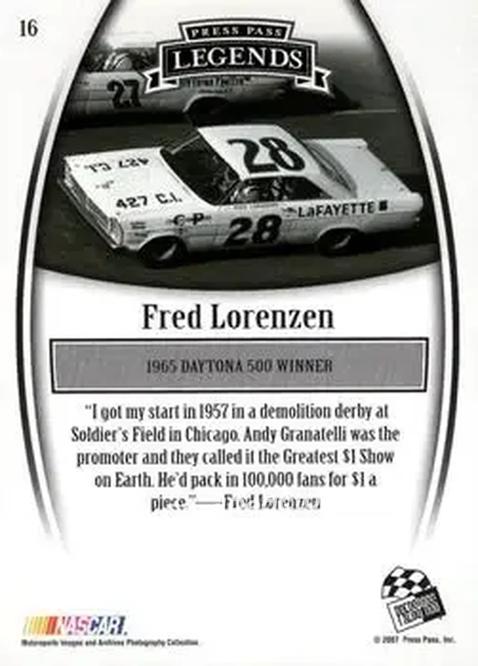 2007 Press Pass Legends #16 - Fred Lorenzen - Holman-Moody - Back