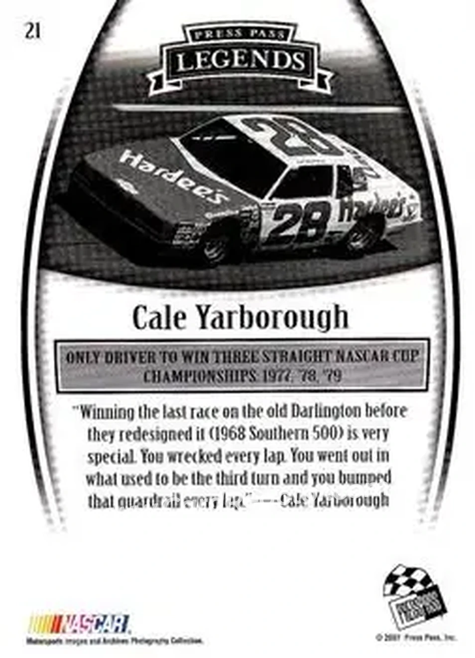 2007 Press Pass Legends #21 - Cale Yarborough - Ranier-Lundy Racing - Back 2007 Press Pass Legends #21 - Cale Yarborough - Ranier-Lundy Racing - Back