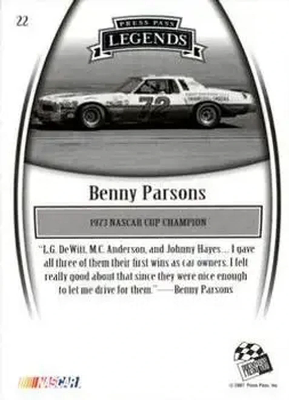 2007 Press Pass Legends #22 - Benny Parsons - DeWitt Racing - Back