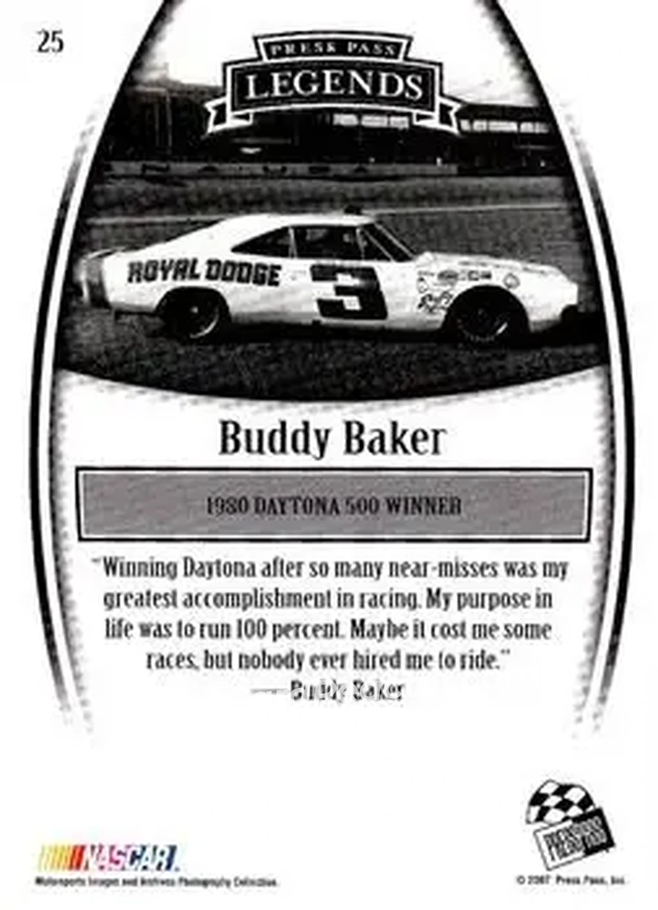 2007 Press Pass Legends #25 - Buddy Baker - Fox Racing - Back