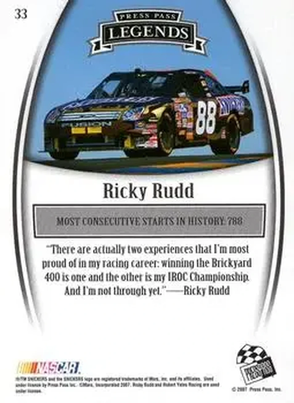 2007 Press Pass Legends #33 - Ricky Rudd - Robert Yates Racing - Back