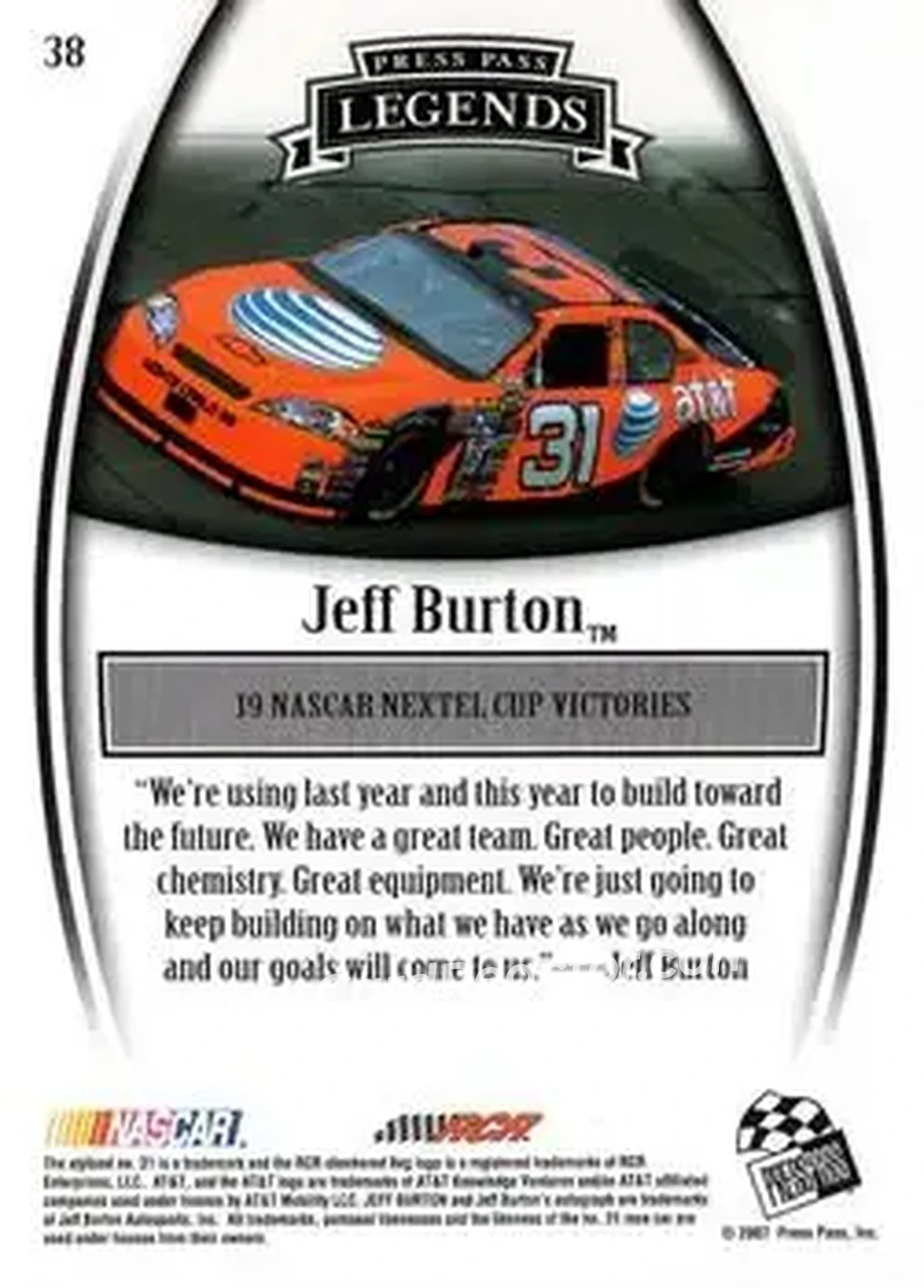 2007 Press Pass Legends #38 - Jeff Burton - Richard Childress Racing - Back