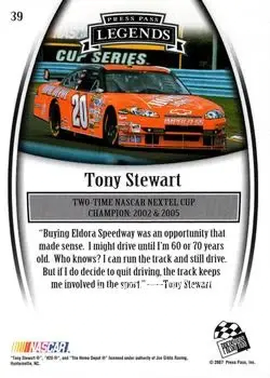 2007 Press Pass Legends #39 - Tony Stewart - Joe Gibbs Racing - Back