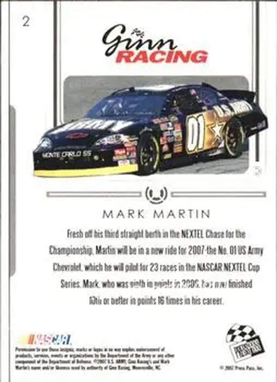 2007 Press Pass Premium #2 - Mark Martin - Ginn Racing - Back