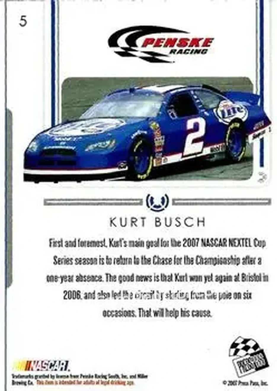 2007 Press Pass Premium #5 - Kurt Busch - Penske Racing South - Back