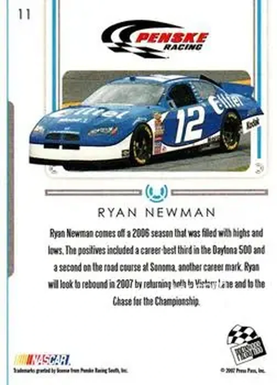 2007 Press Pass Premium #11 - Ryan Newman - Penske Racing South - Back