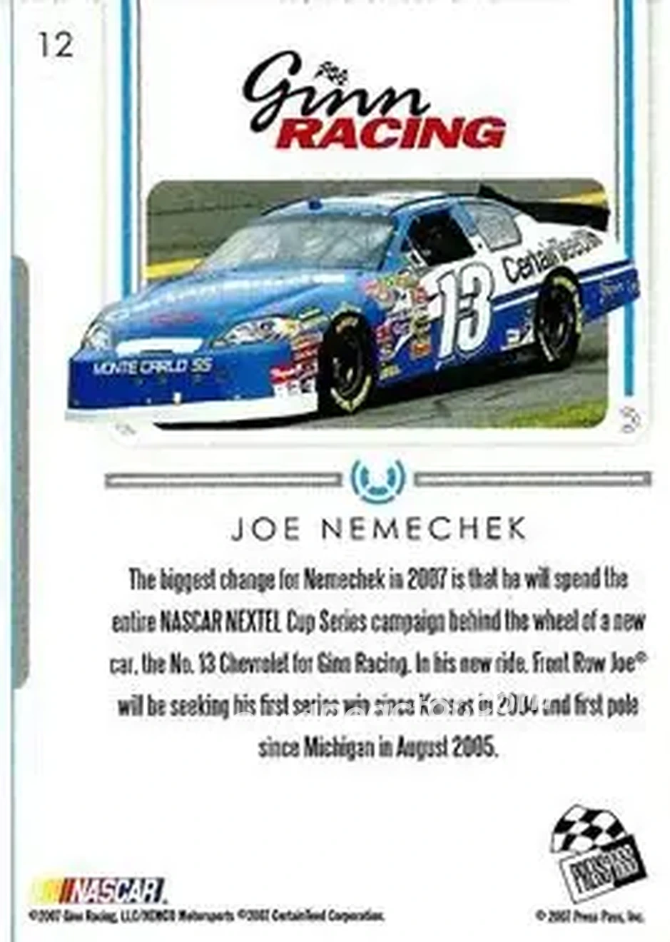 2007 Press Pass Premium #12 - Joe Nemechek - Ginn Racing - Back