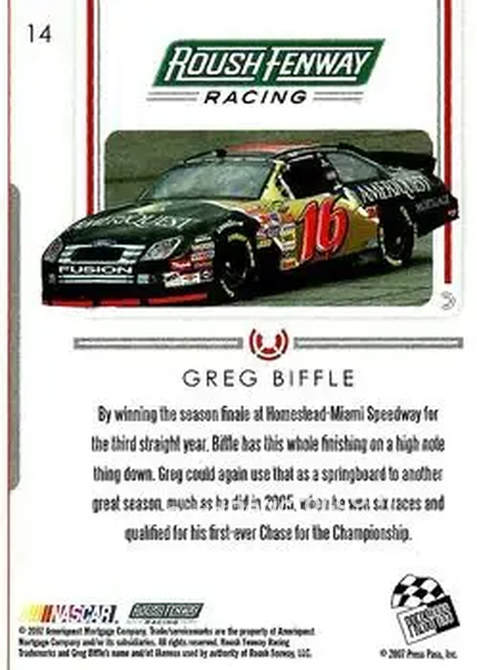 2007 Press Pass Premium #14 - Greg Biffle - Roush Fenway Racing - Back