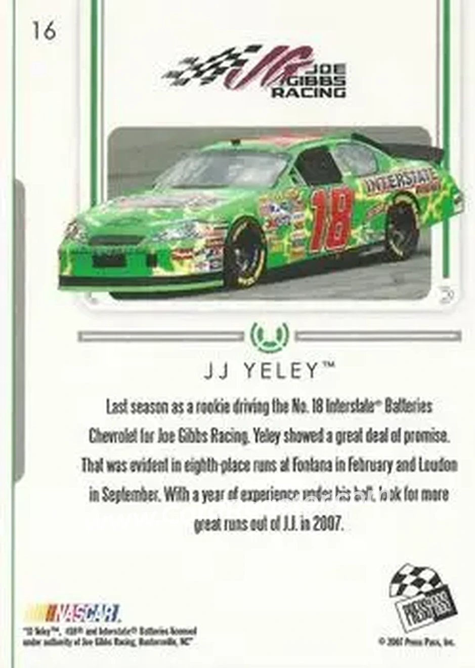 2007 Press Pass Premium #16 - J.J. Yeley - Joe Gibbs Racing - Back