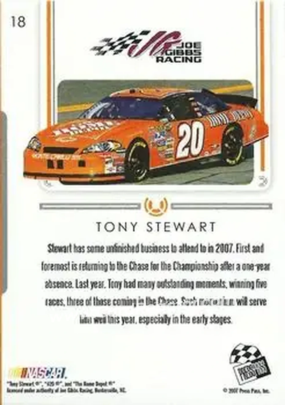 2007 Press Pass Premium #18 - Tony Stewart - Joe Gibbs Racing - Back