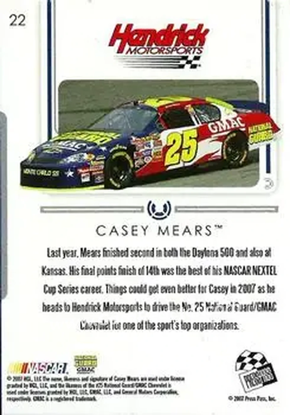 2007 Press Pass Premium #22 - Casey Mears - Hendrick Motorsports - Back