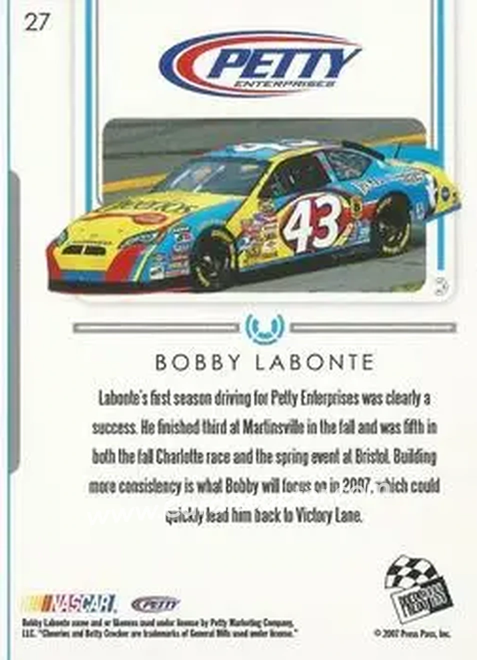 2007 Press Pass Premium #27 - Bobby Labonte - Petty Enterprises - Back