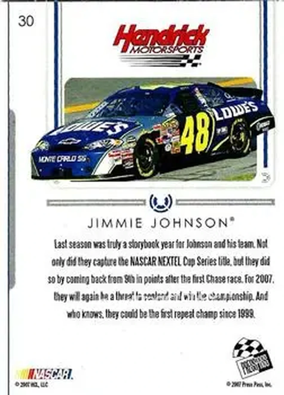 2007 Press Pass Premium #30 - Jimmie Johnson - Hendrick Motorsports - Back