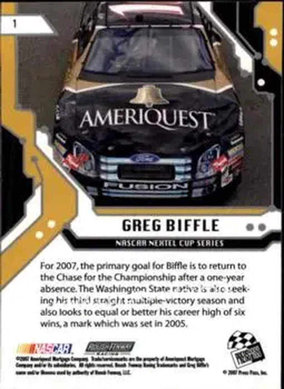 2007 Press Pass Stealth #1 - Greg Biffle - Roush Fenway Racing - Back