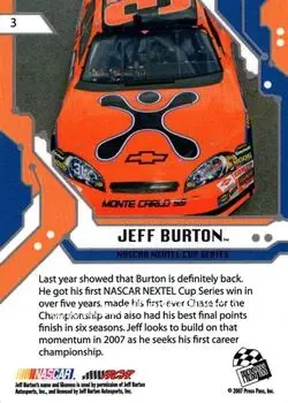 2007 Press Pass Stealth #3 - Jeff Burton - Richard Childress Racing - Back