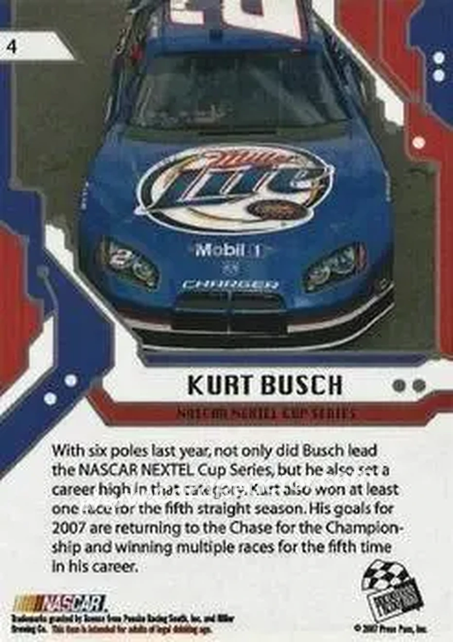 2007 Press Pass Stealth #4 - Kurt Busch - Penske Racing South - Back