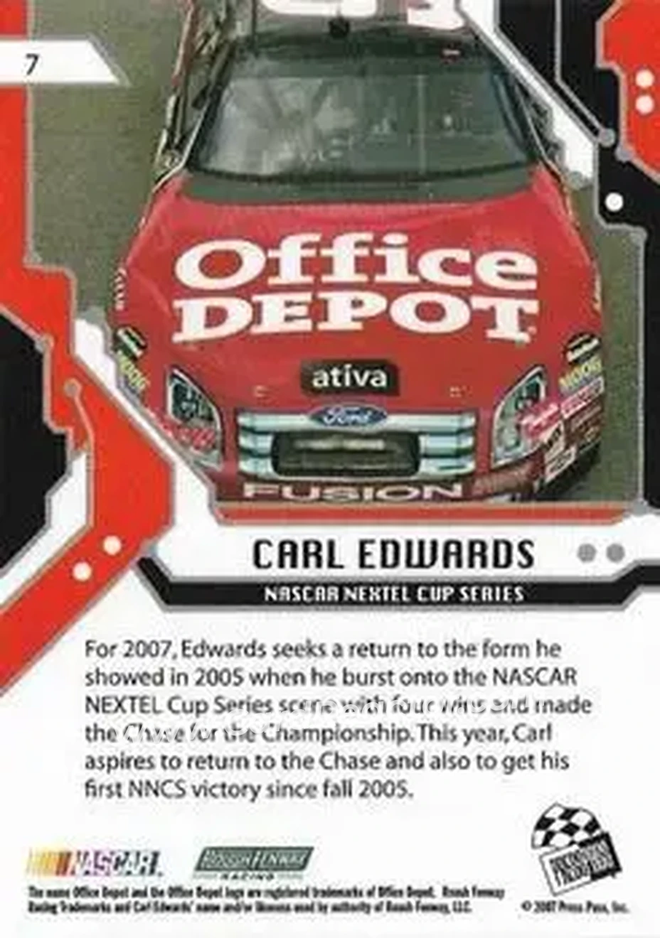 2007 Press Pass Stealth #7 - Carl Edwards - Roush Fenway Racing - Back