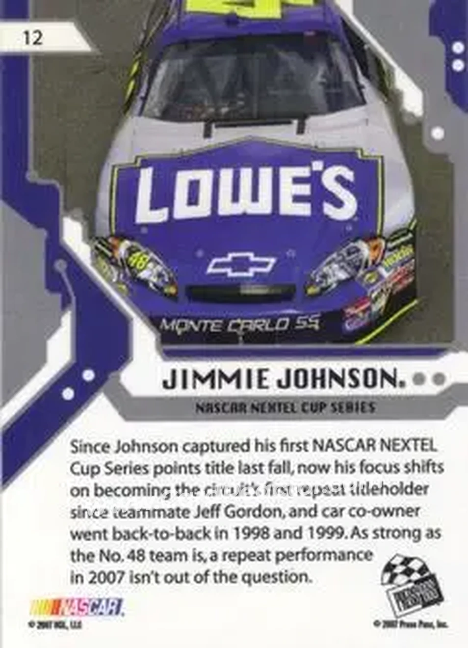 2007 Press Pass Stealth #12 - Jimmie Johnson - Hendrick Motorsports - Back