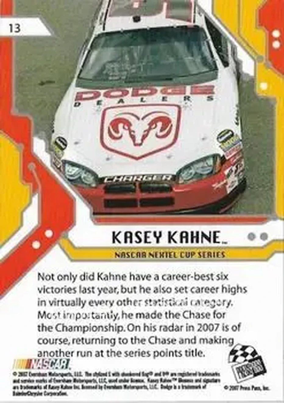 2007 Press Pass Stealth #13 - Kasey Kahne - Evernham Motorsports - Back