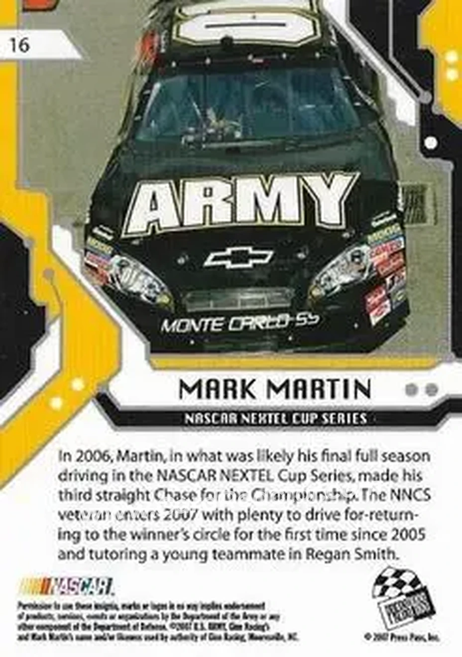 2007 Press Pass Stealth #16 - Mark Martin - Ginn Racing - Back