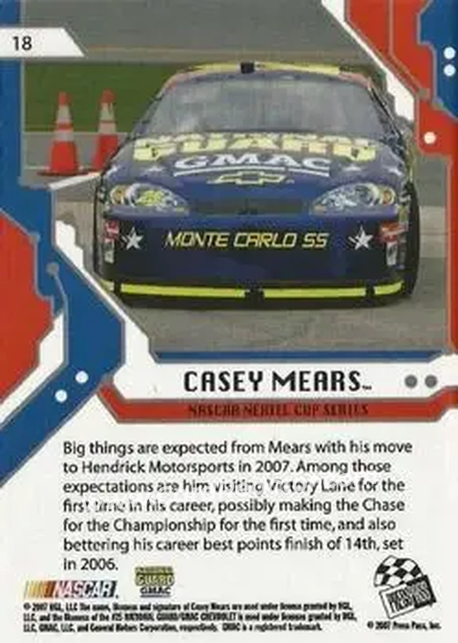 2007 Press Pass Stealth #18 - Casey Mears - Hendrick Motorsports - Back