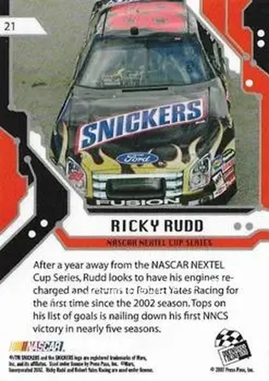 2007 Press Pass Stealth #21 - Ricky Rudd - Robert Yates Racing - Back