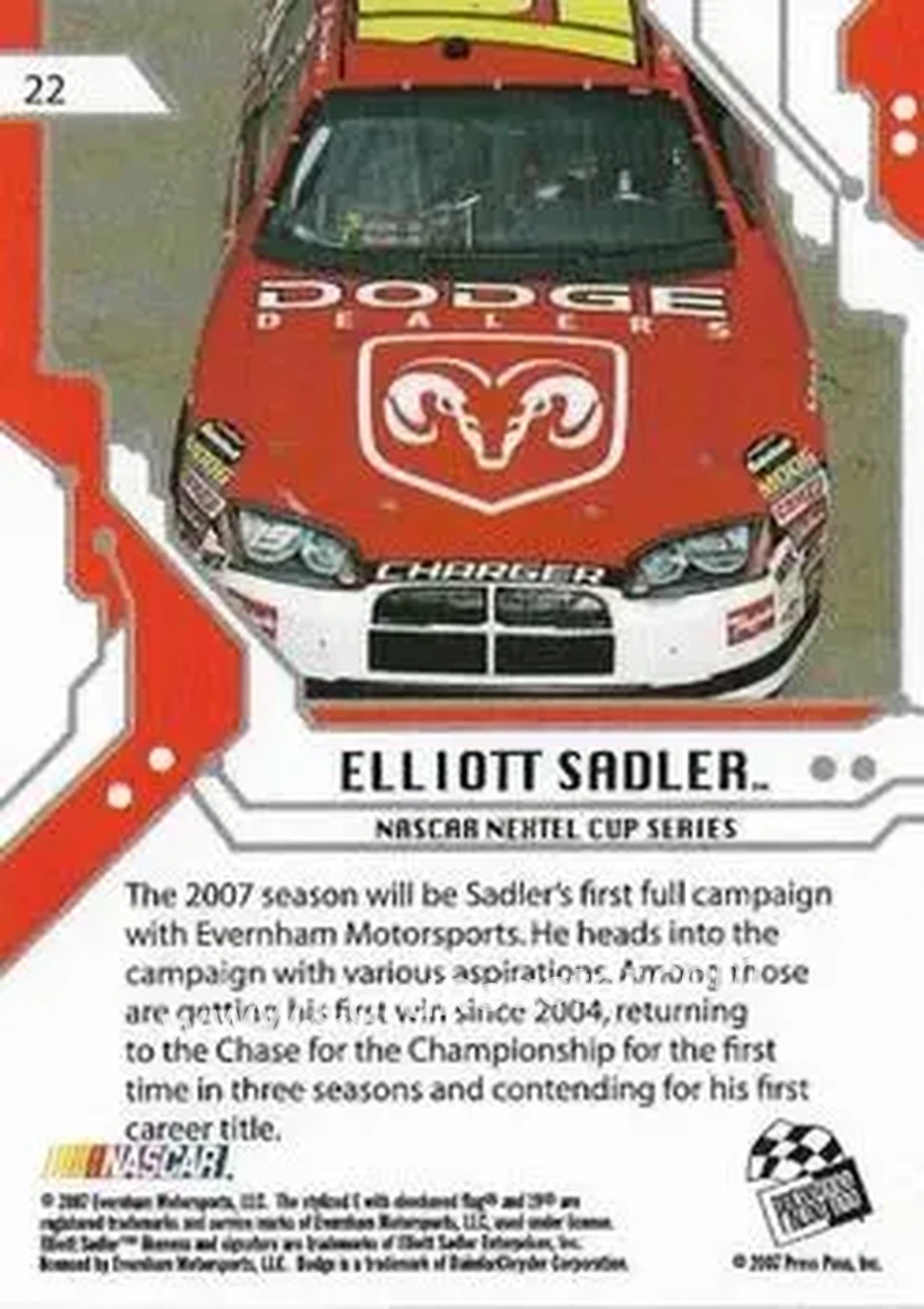 2007 Press Pass Stealth #22 - Elliott Sadler - Evernham Motorsports - Back 2007 Press Pass Stealth #22 - Elliott Sadler - Evernham Motorsports - Back
