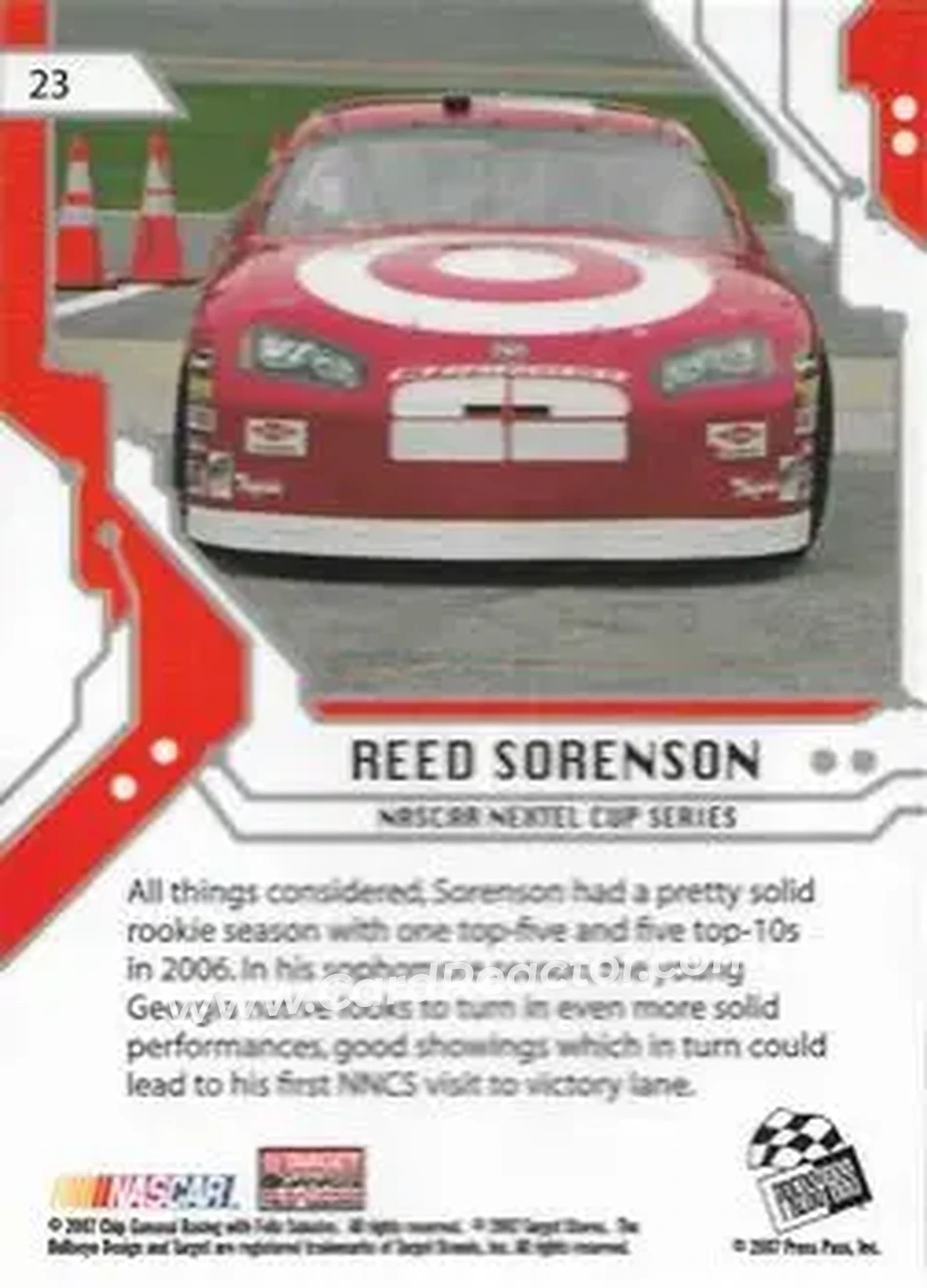 2007 Press Pass Stealth #23 - Reed Sorenson - Chip Ganassi Racing with Felix Sabates - Back 2007 Press Pass Stealth #23 - Reed Sorenson - Chip Ganassi Racing with Felix Sabates - Back