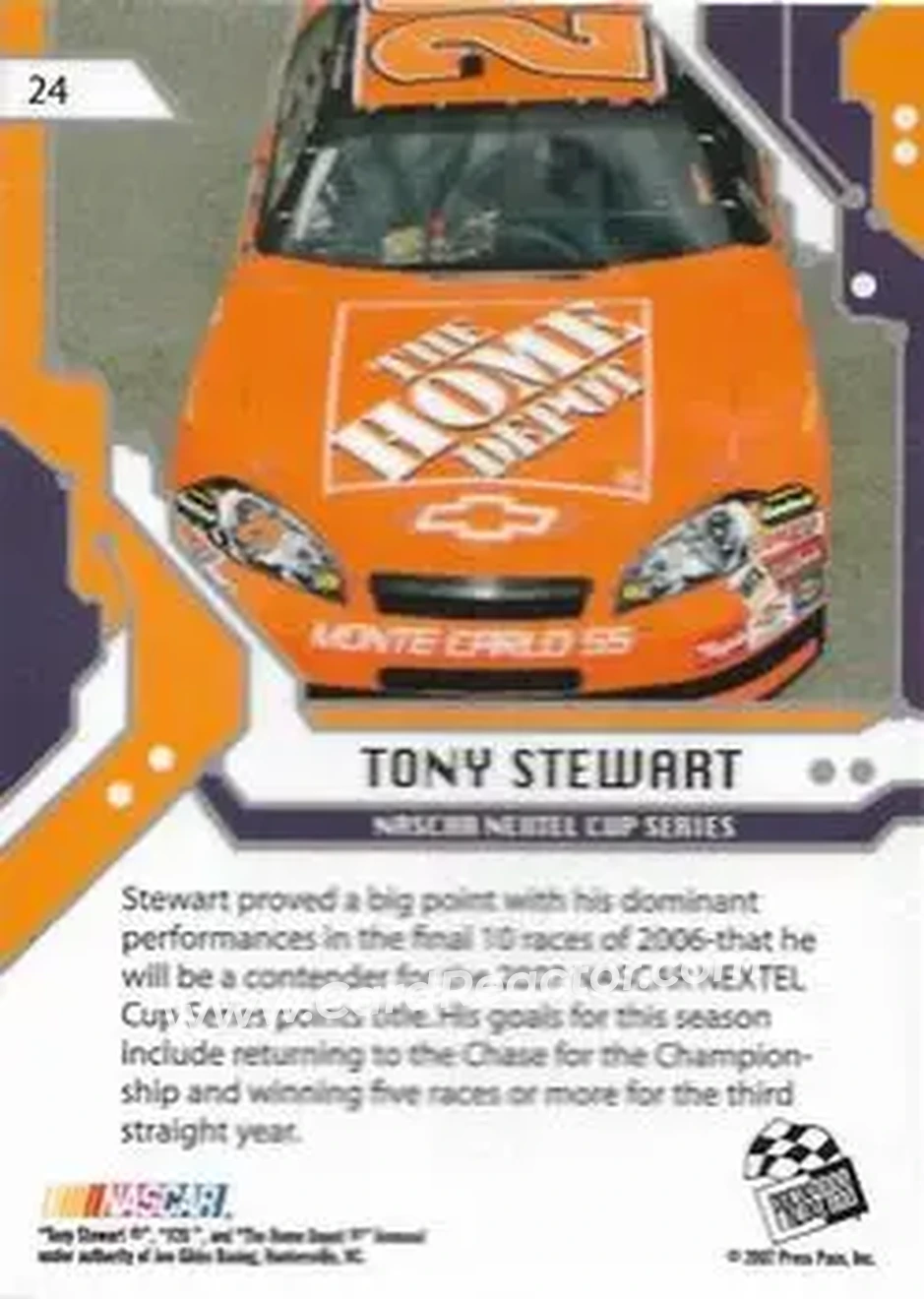 2007 Press Pass Stealth #24 - Tony Stewart - Joe Gibbs Racing - Back
