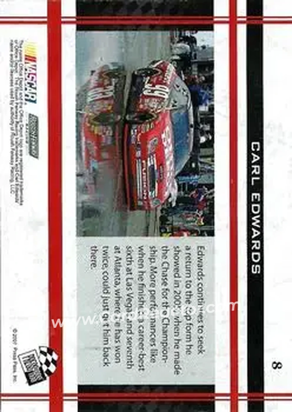 2007 Press Pass VIP #8 - Carl Edwards - Roush Fenway Racing - Back