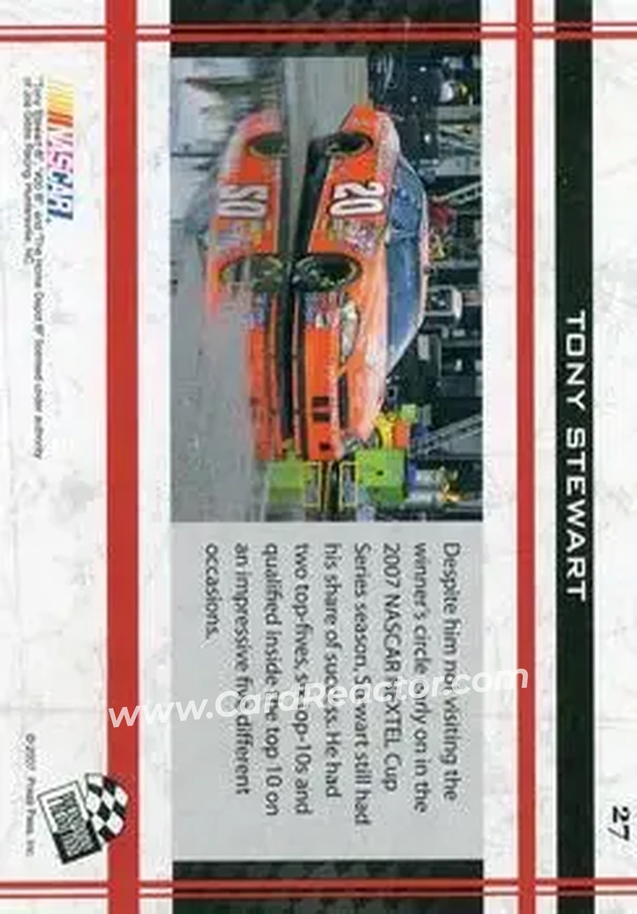 2007 Press Pass VIP #27 - Tony Stewart - Joe Gibbs Racing - Back