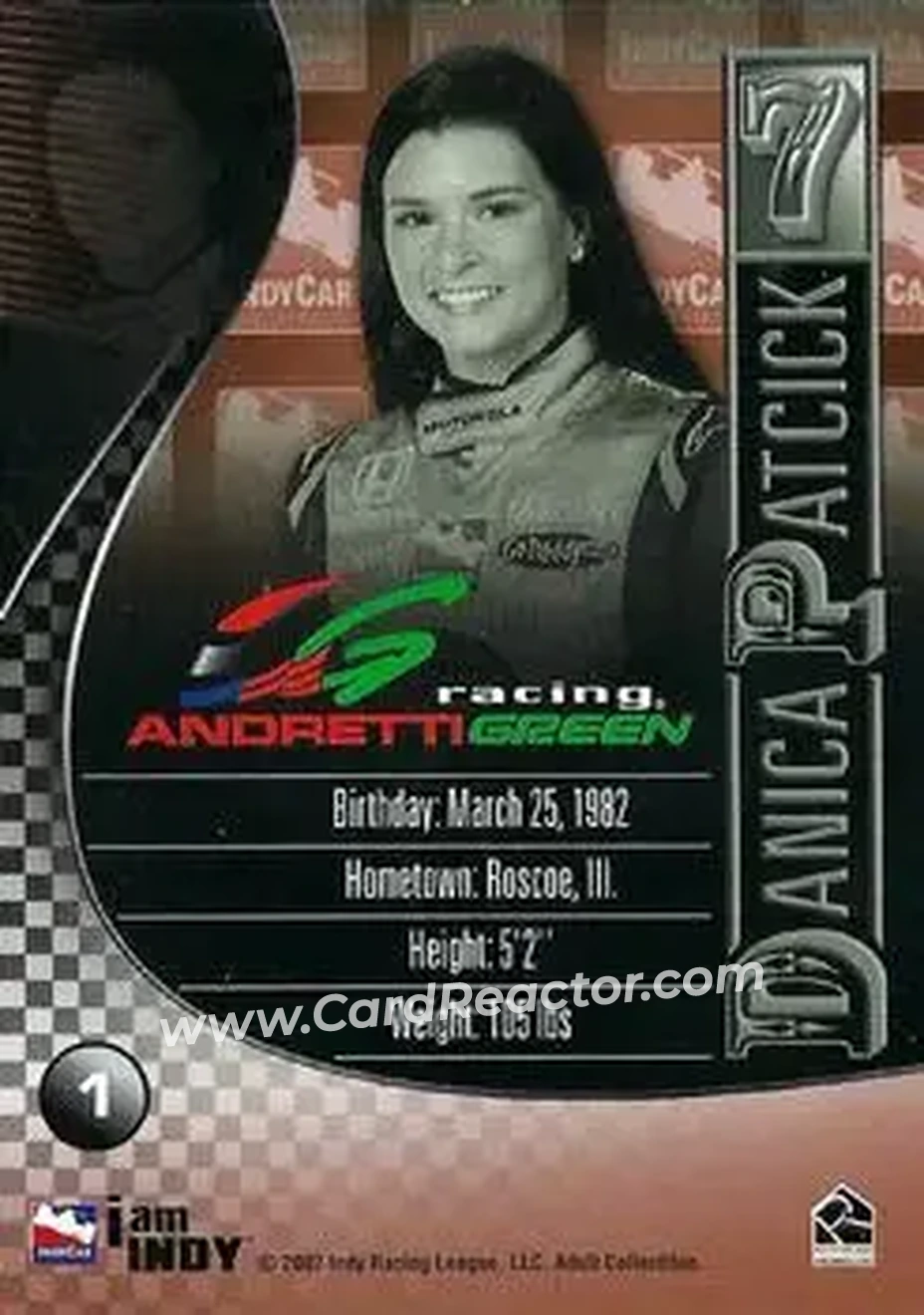2007 Rittenhouse IRL #1 - Danica Patrick - Andretti Green Racing - Back