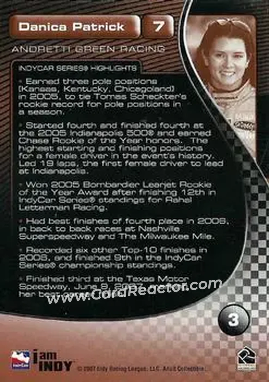 2007 Rittenhouse IRL #3 - Danica Patrick - Andretti Green Racing - Back