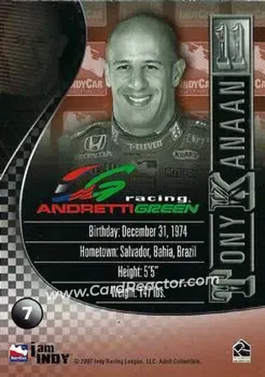 2007 Rittenhouse IRL #7 - Tony Kanaan - Andretti Green Racing - Back