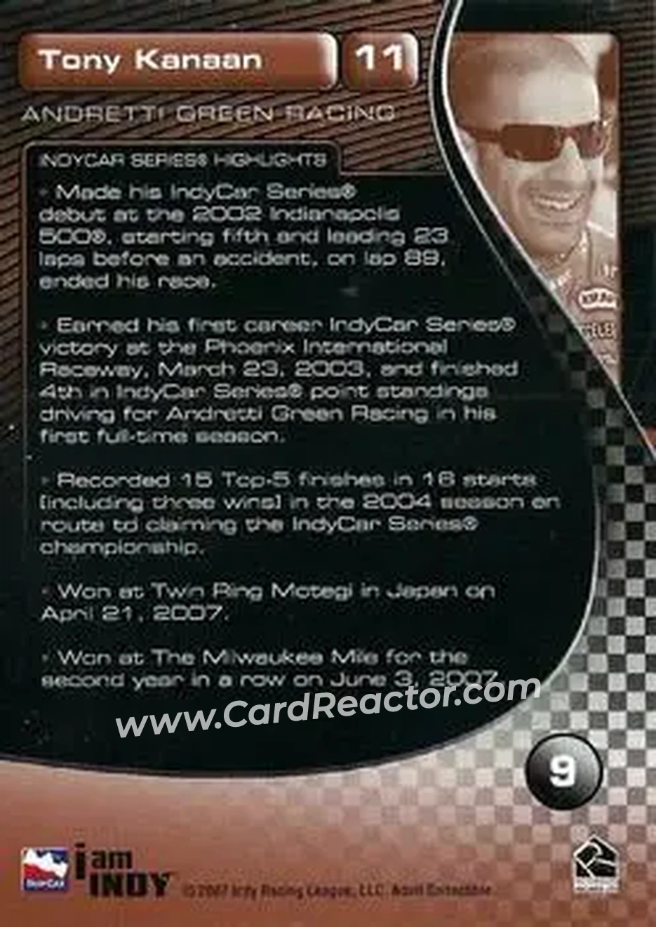 2007 Rittenhouse IRL #9 - Tony Kanaan - Andretti Green Racing - Back