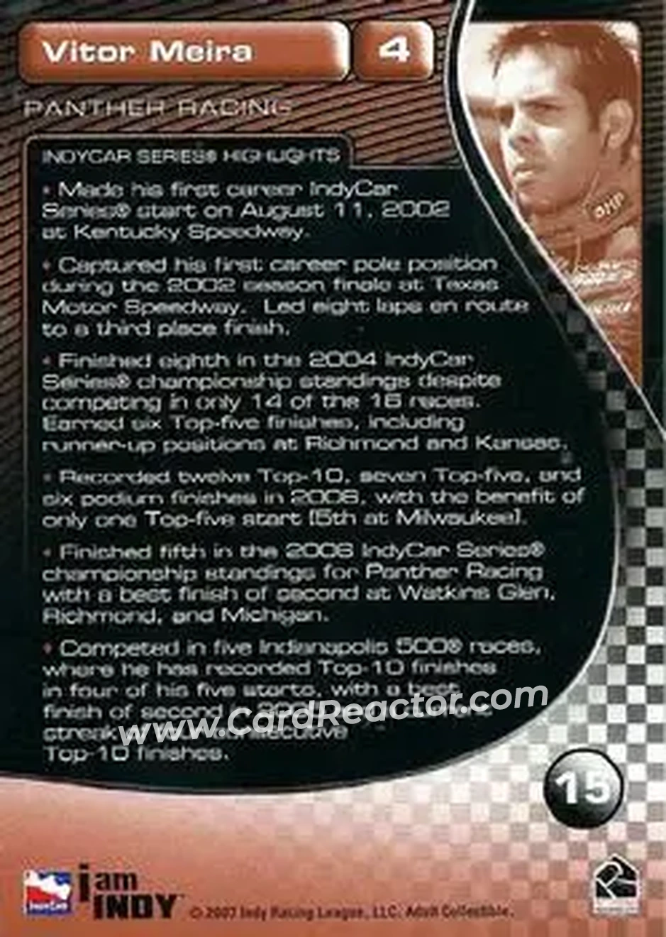 2007 Rittenhouse IRL #15 - Vitor Meira - Panther Racing - Back