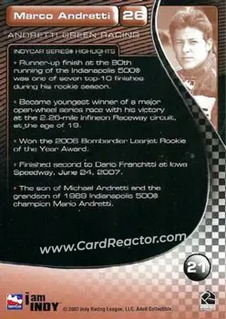 2007 Rittenhouse IRL #21 - Marco Andretti - Andretti Green Racing - Back