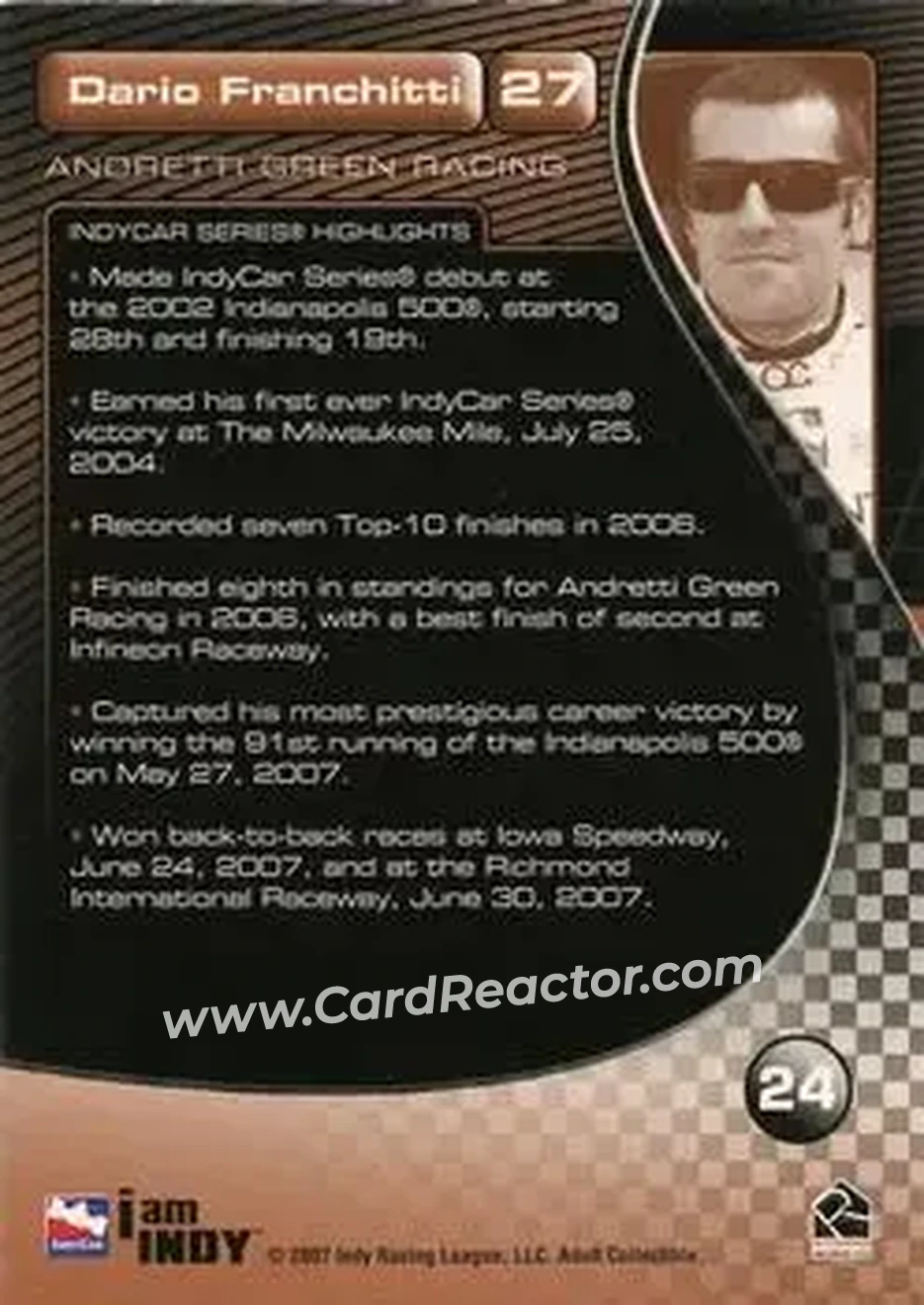 2007 Rittenhouse IRL #24 - Dario Franchitti - Andretti Green Racing - Back