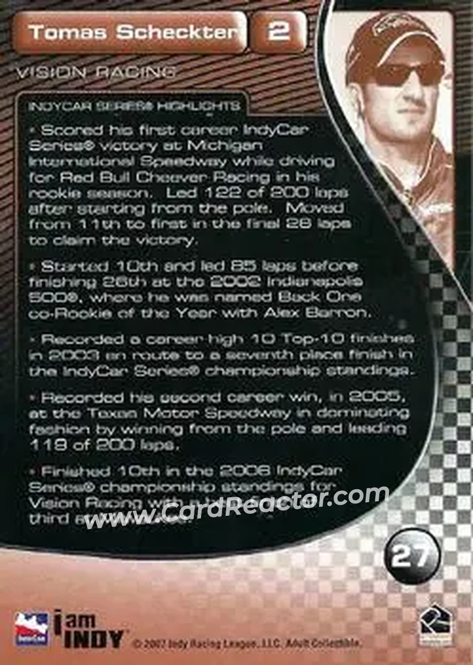 2007 Rittenhouse IRL #27 - Tomas Scheckter - Vision Racing - Back