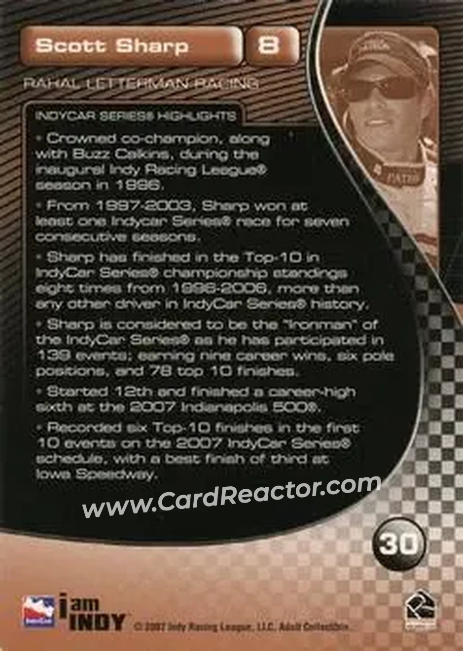 2007 Rittenhouse IRL #30 - Scott Sharp - Rahal Letterman Racing - Back