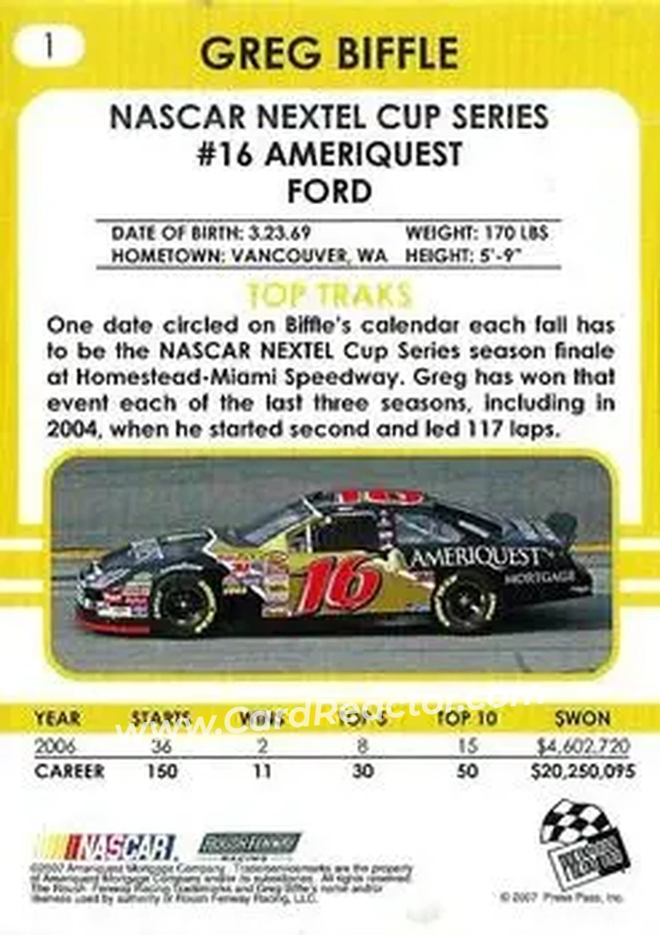 2007 Traks #1 - Greg Biffle - Roush Fenway Racing - Back
