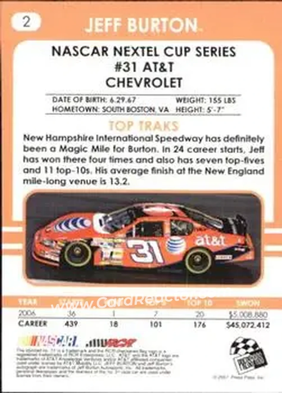 2007 Traks #2 - Jeff Burton - Richard Childress Racing - Back